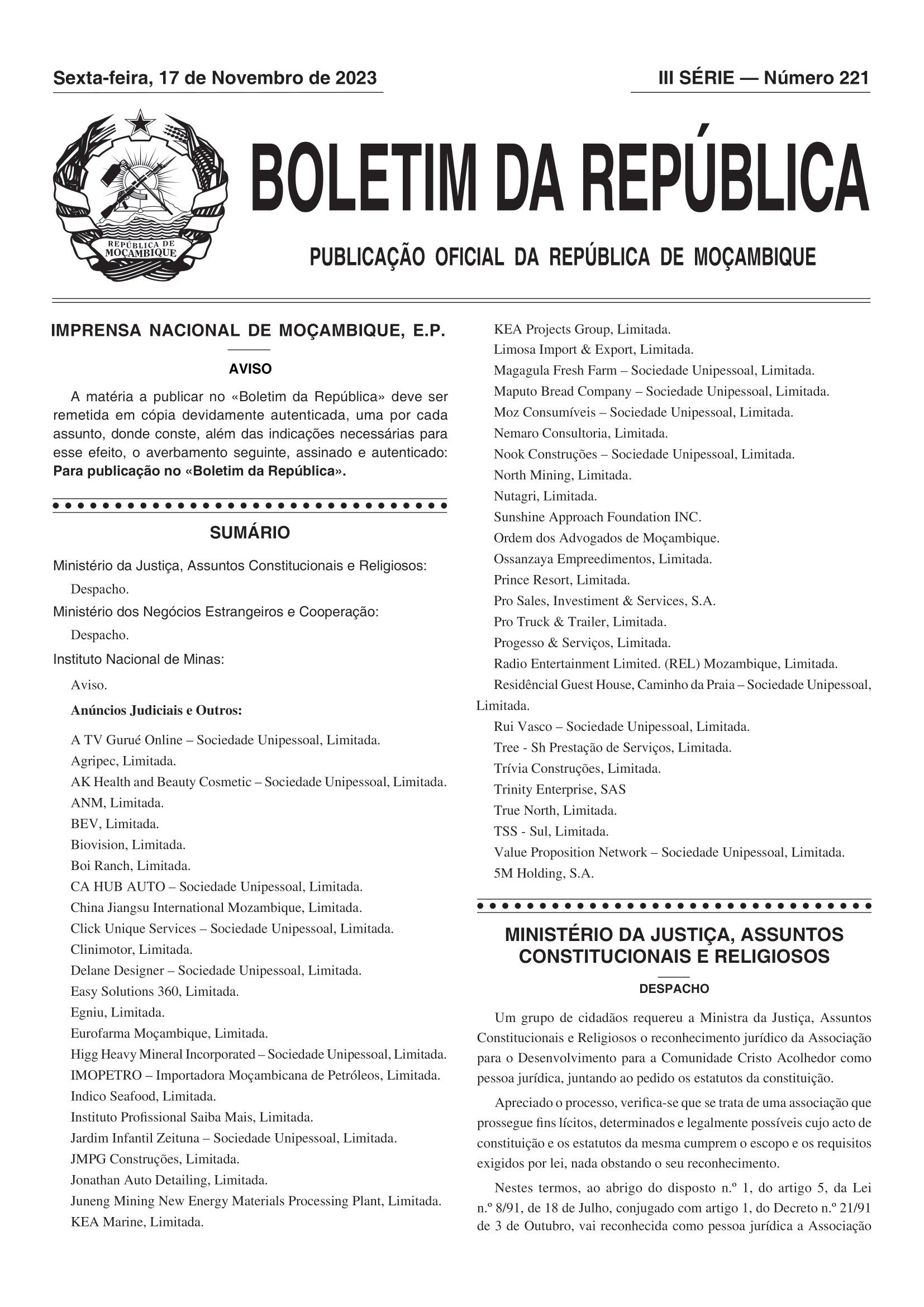BOLETIM DA REPÚBLICA III SÉRIE — Número 221, 17 de Novembro de 2023 - OAM