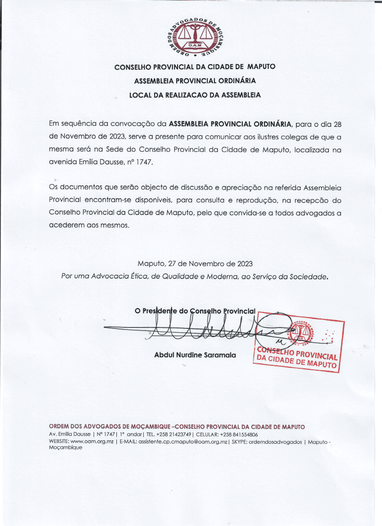 LOCAL DA REALIZAÇÃO DA ASSEMBLEIA – Assembleia Provincial Ordinária do Conselho Provincial da Cidade de Maputo