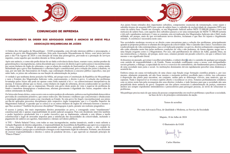 Posicionamento da Ordem dos Advogados de Moçambique sobre o anúncio de greve pela Associação Moçambicana de Juízes