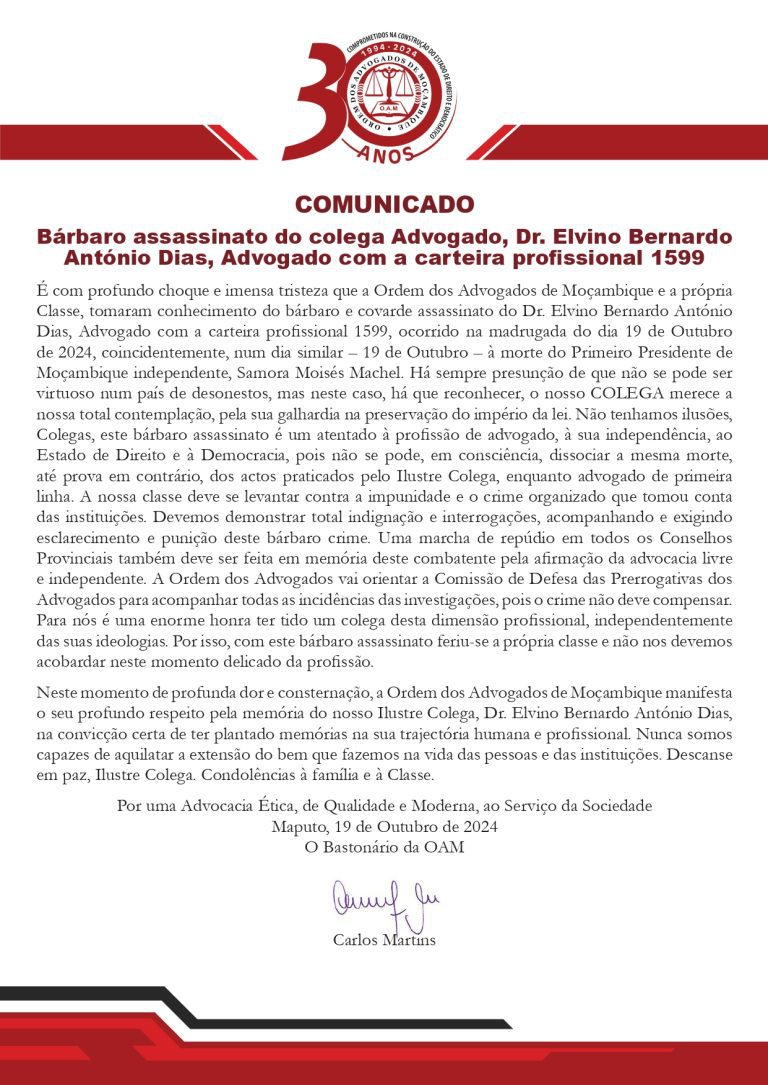 COMUNICADO – Bárbaro Assassinato Do Colega Advogado, Dr. Elvino Bernardo António Dias, Advogado Com A Carteira Profissional 1599