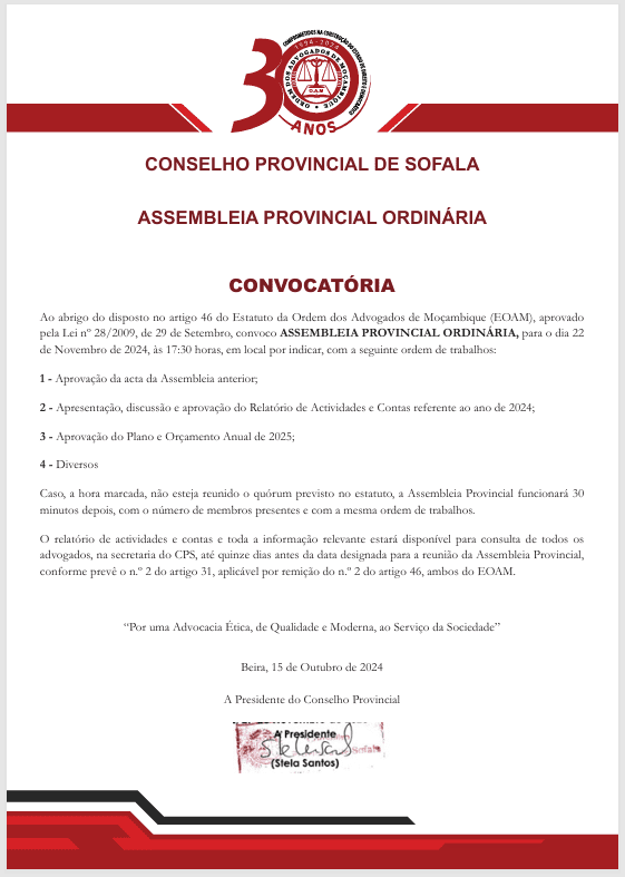 CONVOCATÓRIA – ASSEMBLEIA PROVINCIAL ORDINÁRIA