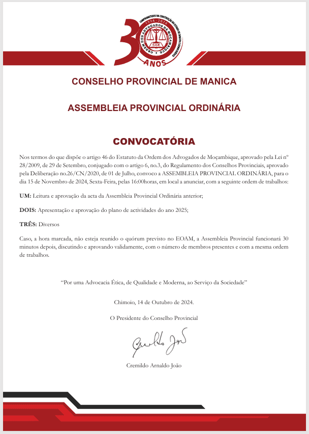 CONVOCATÓRIA – ASSEMBLEIA PROVINCIAL ORDINÁRIA