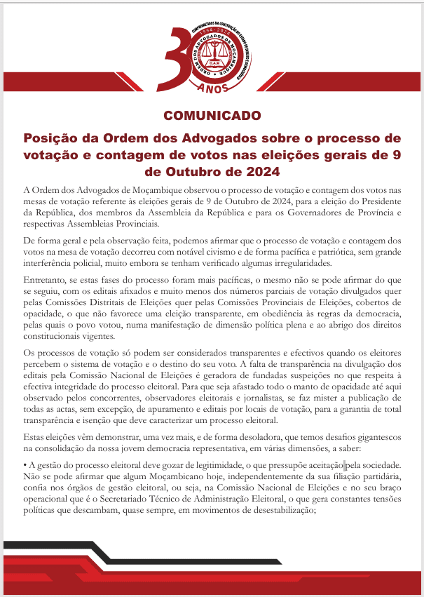 COMUNICADO – Posição da Ordem dos Advogados sobre o processo de votação e contagem de votos nas eleições gerais de 9 de Outubro de 2024