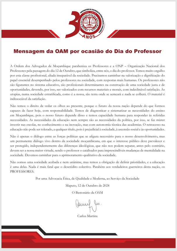 Mensagem da OAM por ocasião do Dia do Professor