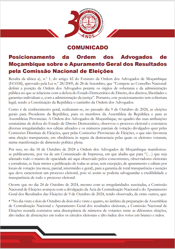 COMUNICADO – Posicionamento da OAM sobre o Apuramento Geral dos Resultados pela CNE