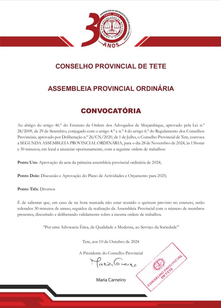 CONVOCATÓRIA – ASSEMBLEIA PROVINCIAL ORDINÁRIA