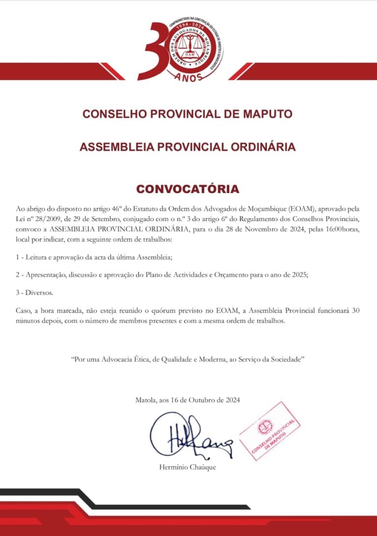 CONVOCATÓRIA  – ASSEMBLEIA PROVINCIAL ORDINÁRIA