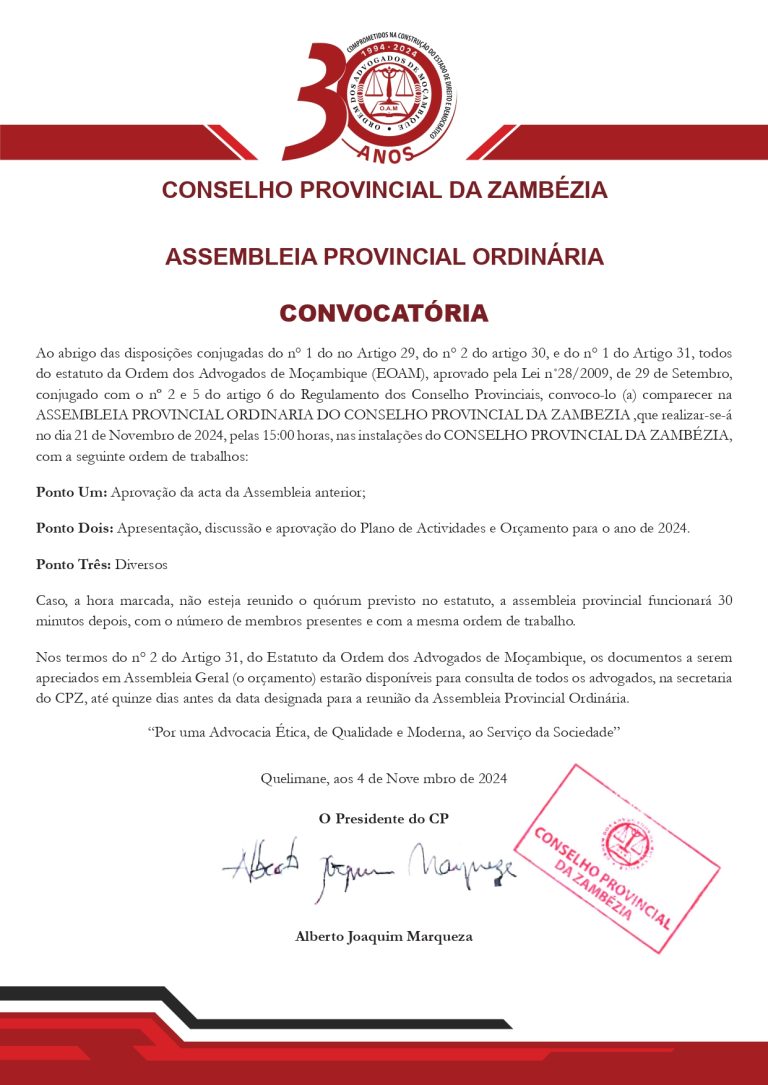 CONSELHO PROVINCIAL DA ZAMBEZIA ASSEMBLEIA PROVINCIAL ORDINÁRIA