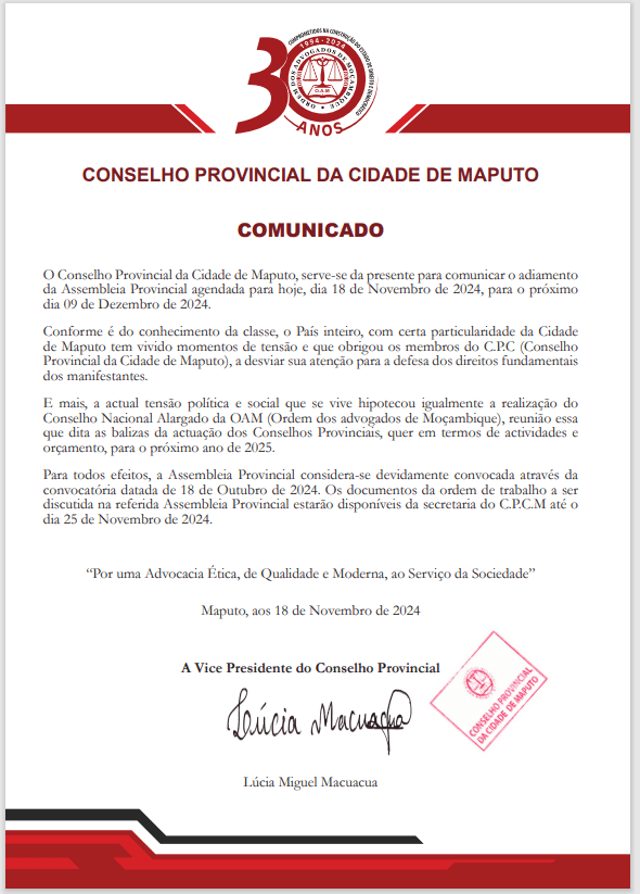 CONSELHO PROVINCIAL DA CIDADE DE MAPUTO – COMUNICADO