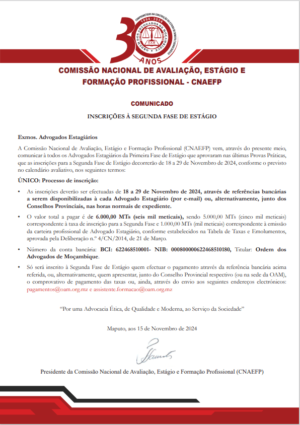 COMUNICADO – INSCRIÇÕES À SEGUNDA FASE DE ESTÁGIO