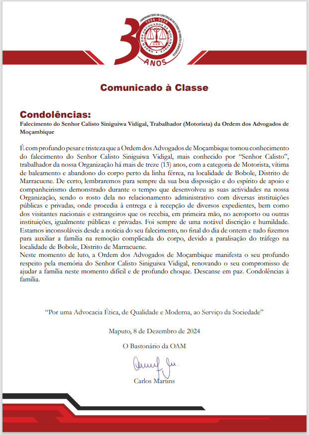 Comunicado à Classe – Condolências