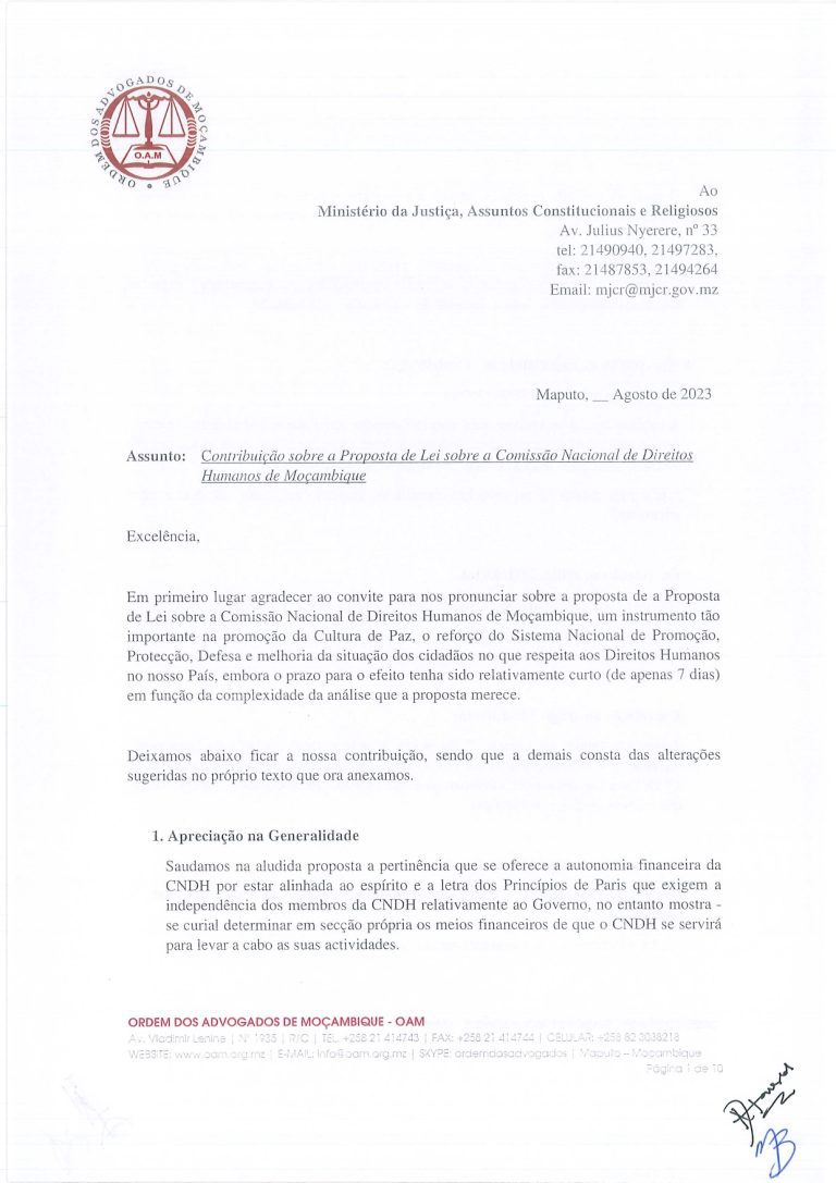 Contribuição sobre a Proposta de Lei sobre a Comissão Nacional de Direitos Humanos de Moçambique