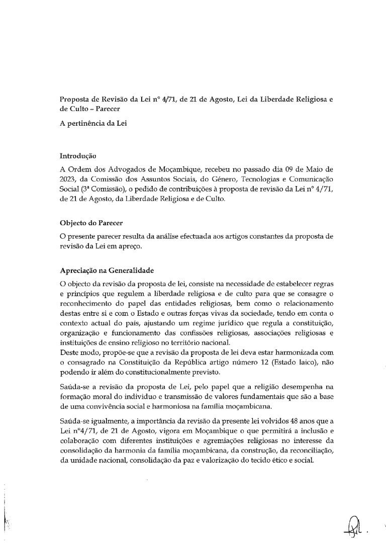 Proposta de Revisão da Lei n o 4/71, de 21 de Agosto, Lei da Liberdade Religiosa e de Culto – Parecer