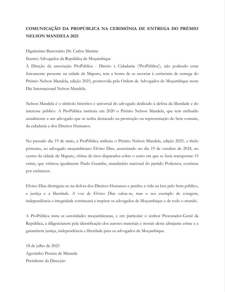 COMUNICAÇÃO DA PROPÚBLICA NA CERIMÓNIA DE ENTREGA DO PRÉMIO NELSON MANDELA 2025