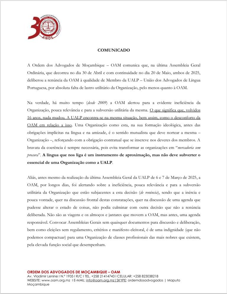 COMUNICADO  -Renúncia da OAM à qualidade de Membro da UALP