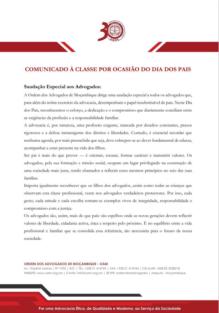 COMUNICADO À CLASSE POR OCASIÃO DO DIA DOS PAIS