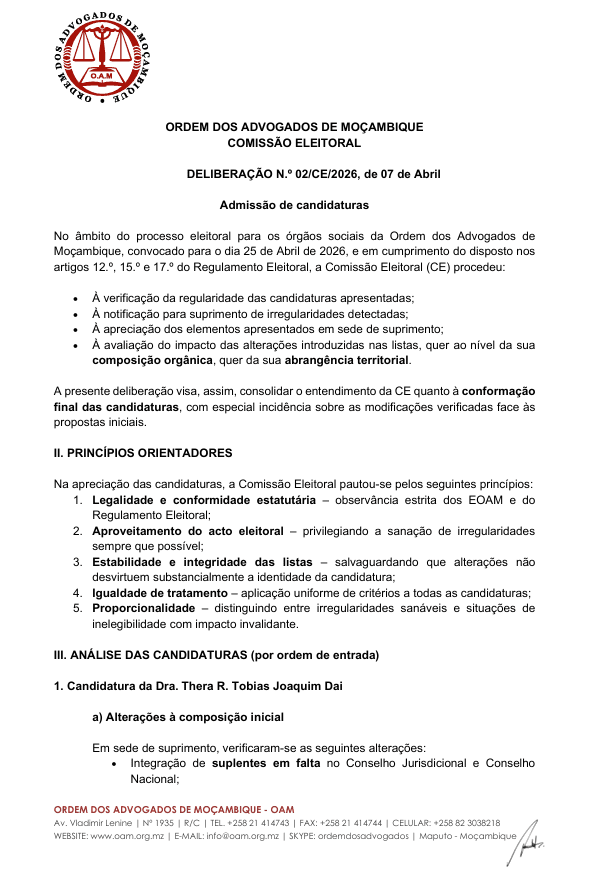 Deliberação N.º 02/CE/2026, de 07 de Abril