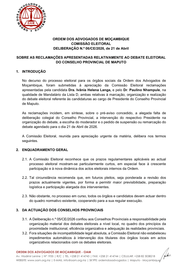 Deliberação N.º 06/CE/2026, de 21 de Abril