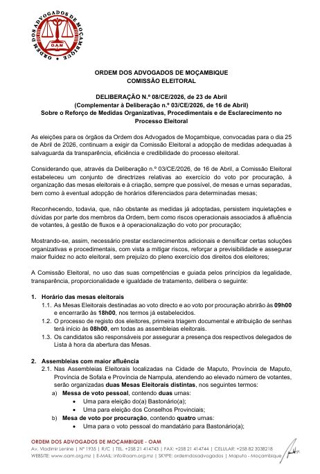 Deliberação N.º 08/CE/2026, de 23 de Abril