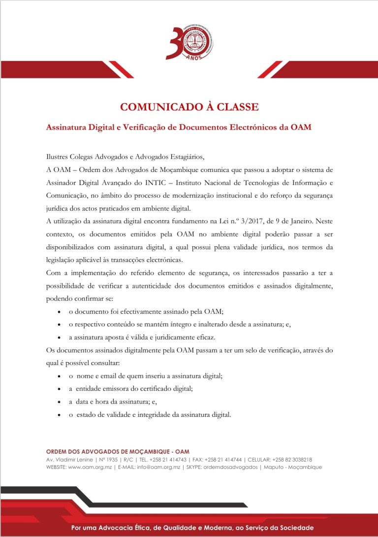 COMUNICADO À CLASSE