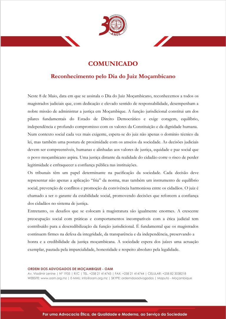 COMUNICADO – Reconhecimento pelo Dia do Juiz Moçambicano