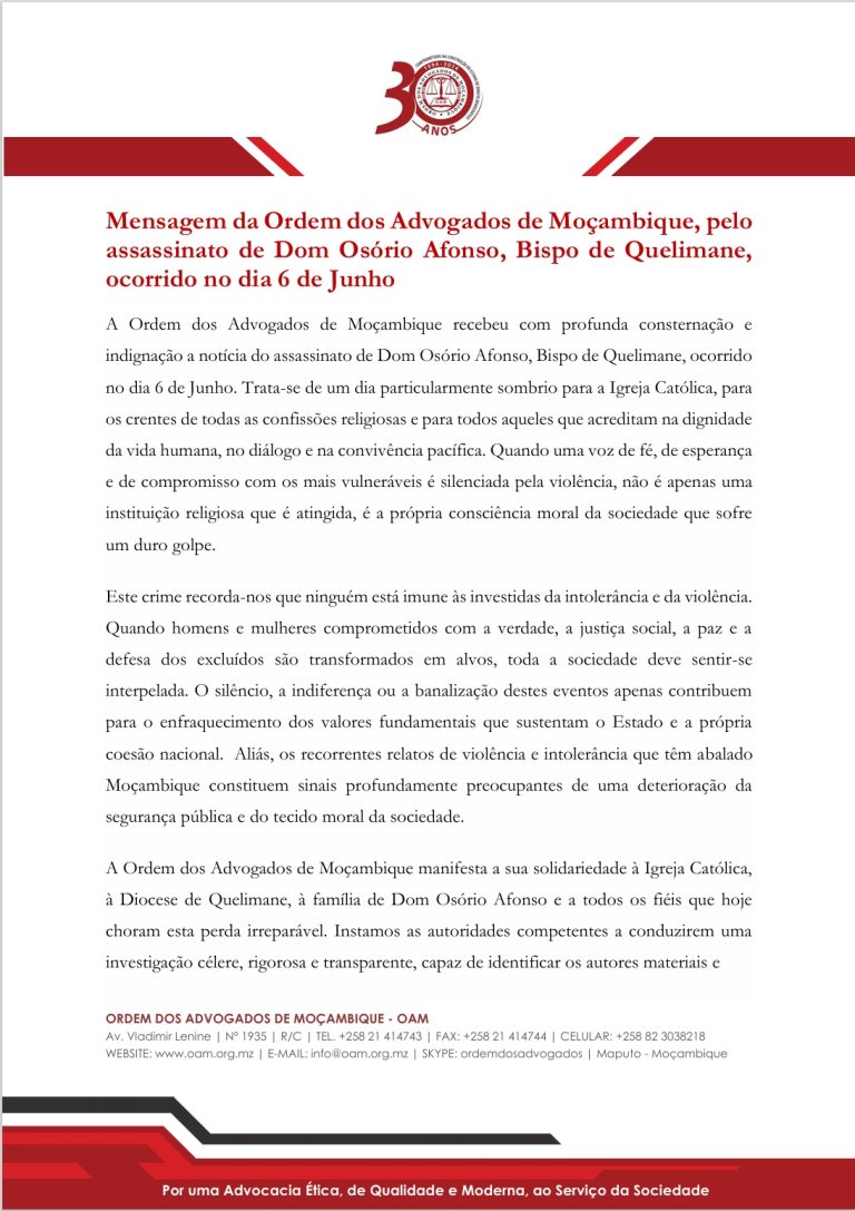 Comunicado  da OAM, pelo assassinato de Dom Osório Afonso