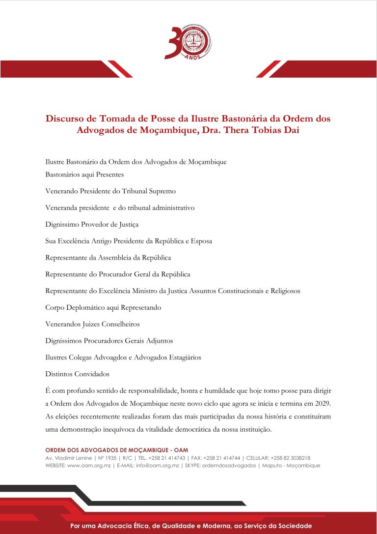 Discurso de Tomada de Posse da Ilustre Bastonária da Ordem dos Advogados de Moçambique, Dra. Thera Tobias Dai